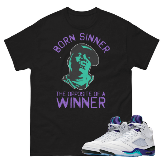 Jordan 5 Grape Born sinner black t-shirt