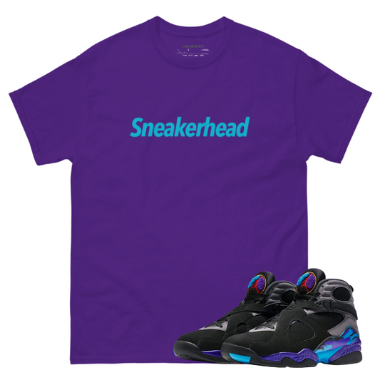 Jordan 8 Aqua sneaker head purple tee