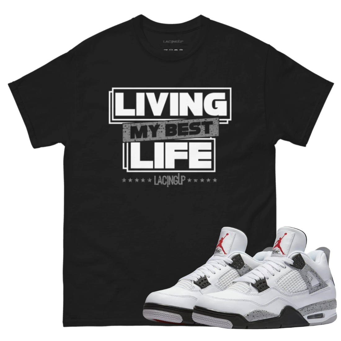 jordan 4 white cement best life black tee