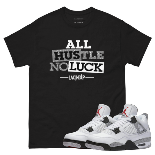 jordan 4 white cement no luck black tee