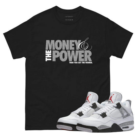 jordan 4 white cement power black tee