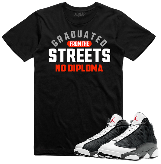 Jordan 13 black flint no diploma black tee-Lacing Up