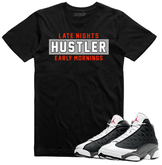 Jordan 13 black flint hustler black tee-Lacing Up