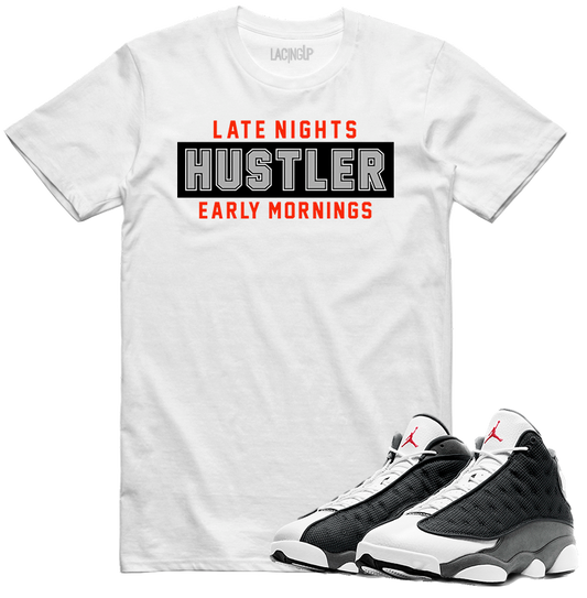 Jordan 13 black flint hustler white tee-Lacing Up