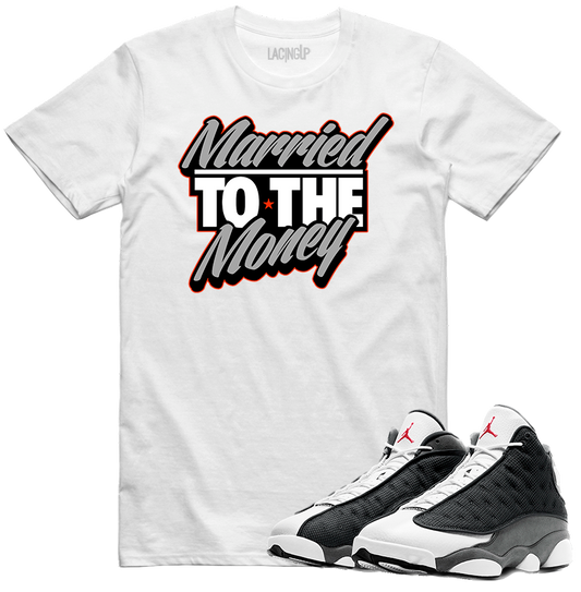 Jordan 13 black flint married to the money white tee-Lacing Up