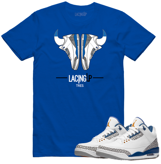 Jordan 3 wizard horns blue tee-Lacing Up
