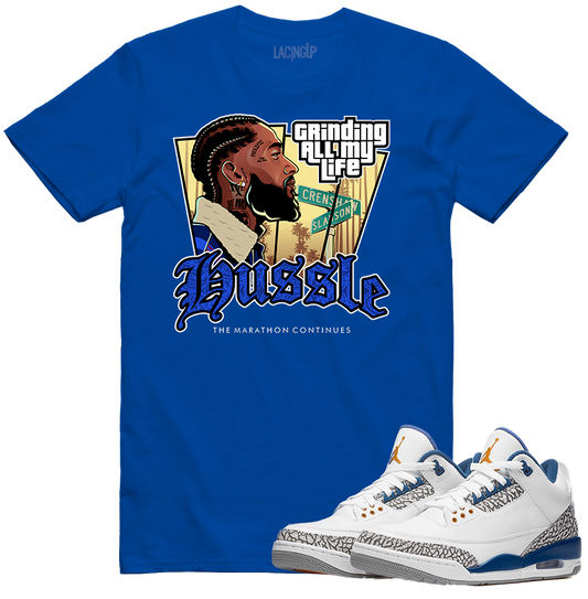 Jordan 3 wizard hussle blue tee-Lacing Up