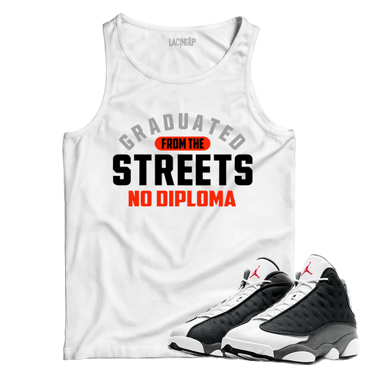 Jordan 13 black flint no diploma white tank top-Lacing Up