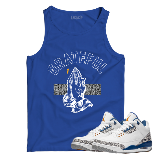 Jordan 3 wizard grateful royal blue tank top-Lacing Up